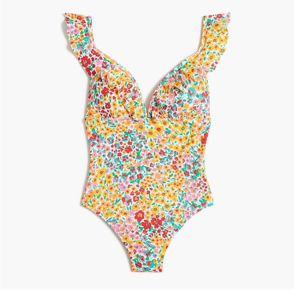 NWT J. Crew Floral ruffle-shoulder V-neck one-piece swimsuit. Large.